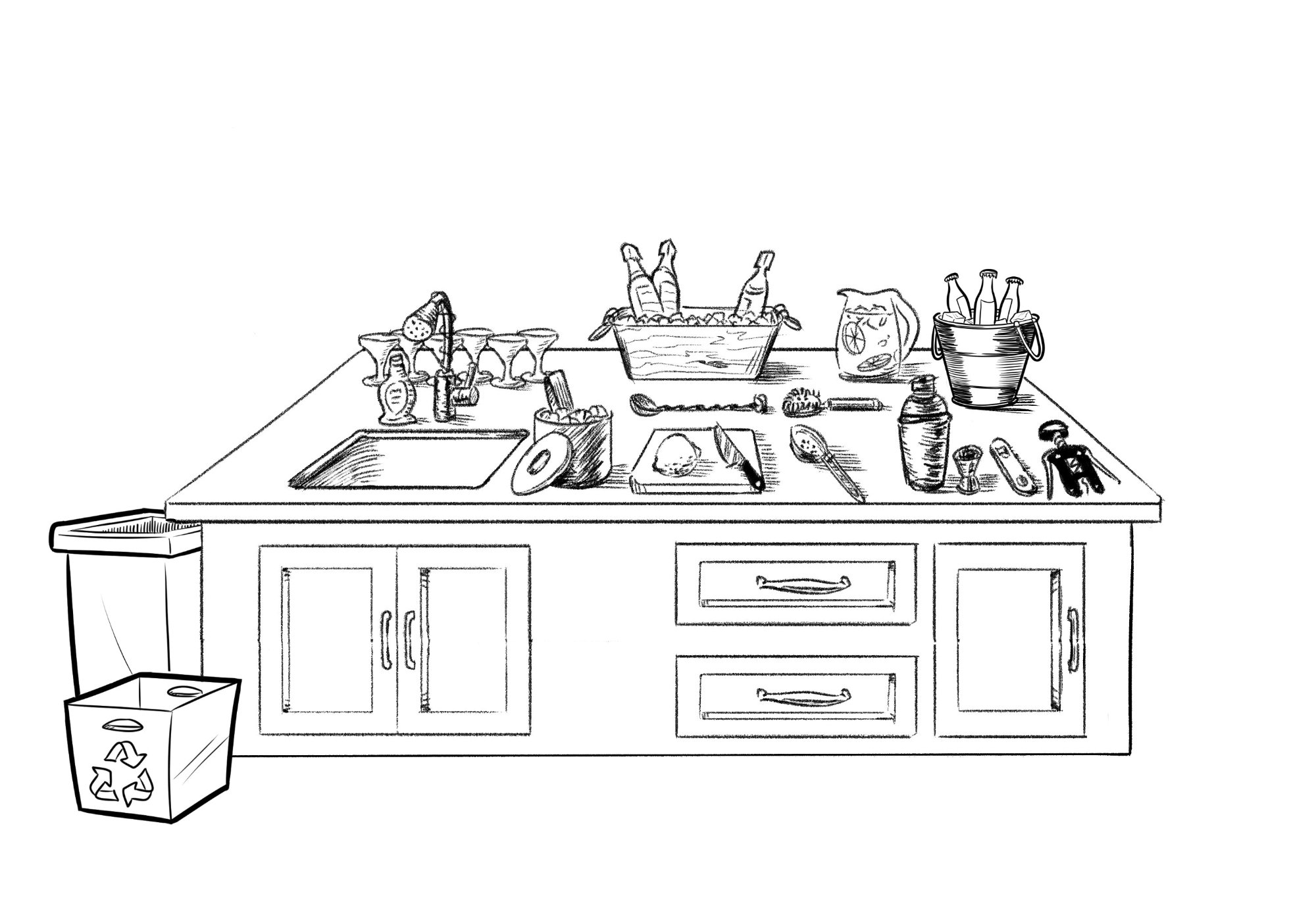 Clean, well-organized bar setup — illustration from The Handsome Host