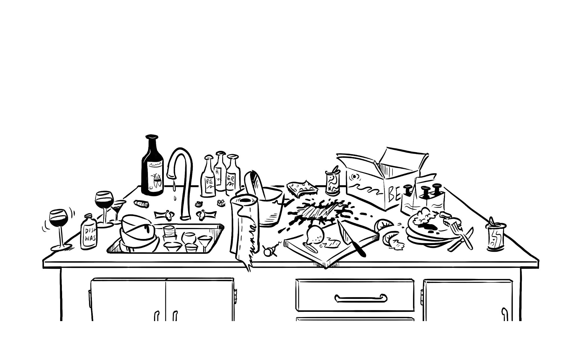 Messy, disorganized bar — illustration from The Handsome Host