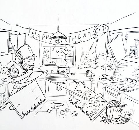 Illustration — co-hosting chaos in the kitchen